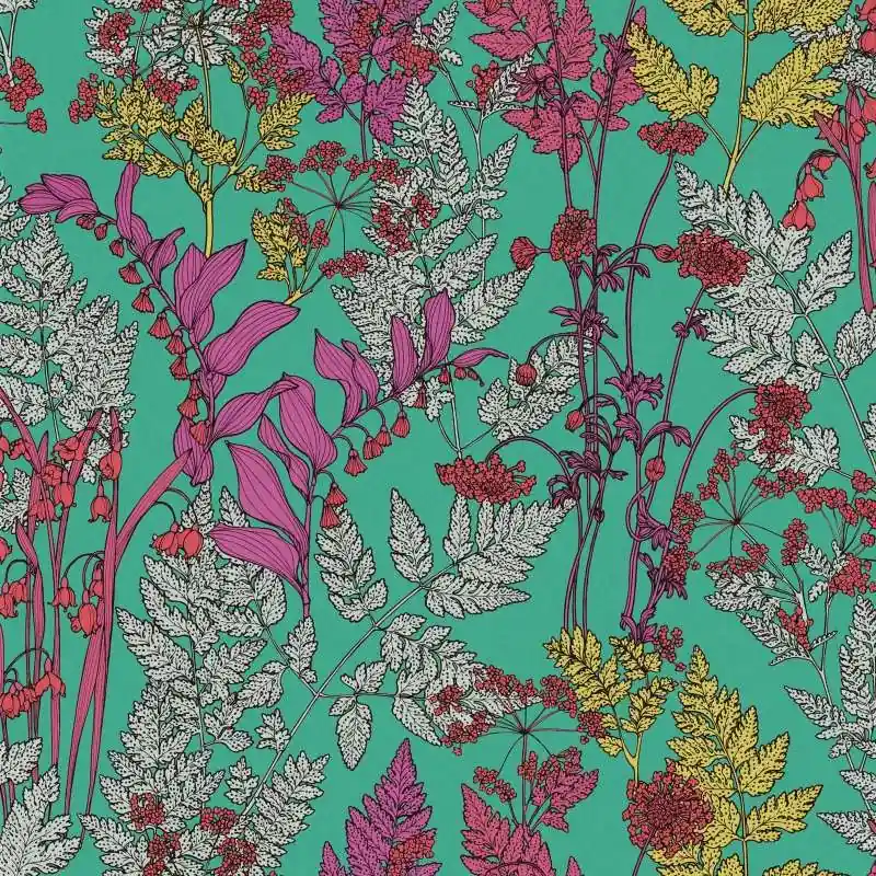 Wyjątkowa oferta Tapeta 37751-6 Floral Impression AS Creation zielona flizelinowa kolorowy wzór liści w rysunkowym stylu - zielony, fioletowy, szary