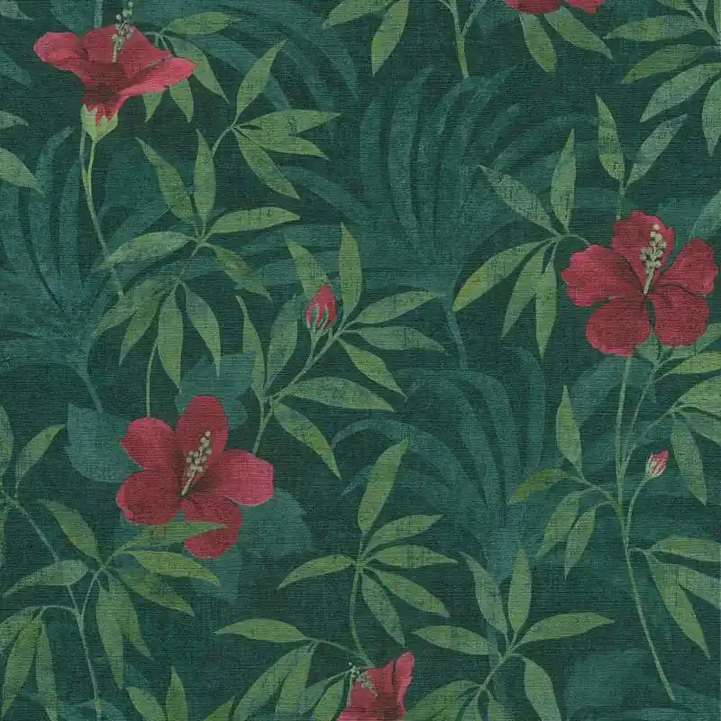 Tapeta 38028-1 Cuba AS Creation zielony motyw dżungli i kwiaty hibiskusa - zieleń, czerwień Obniżka ceny