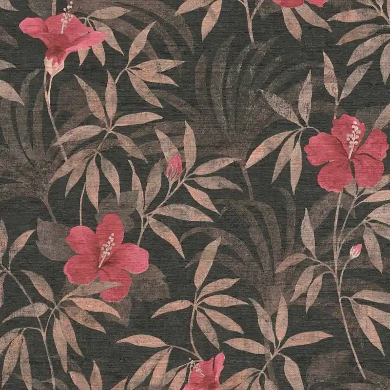 Niska cena Tapeta 38028-3 Cuba AS Creation liście dżungli i kwiaty hibiskusa – brąz, czerwień