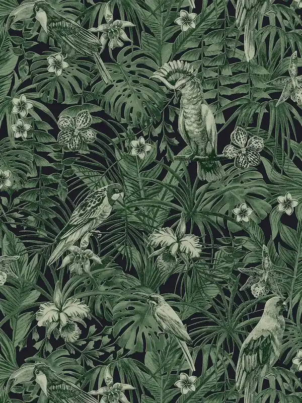 Tapeta 37210-1 Greenery AS Creation tropikalne ptaki i egzotyczne kwiaty - zielony, czarny Tani