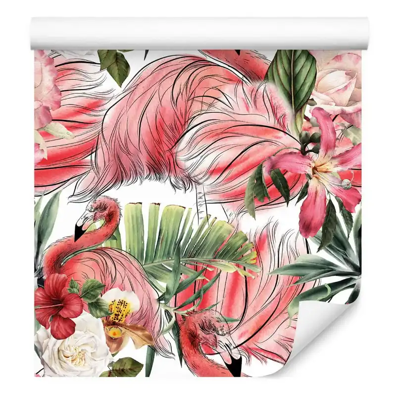 Tapeta Do Salonu, Flamingi, Róże, Kwiaty, Liście Niska cena
