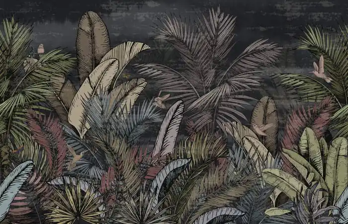 Fototapeta Pattern Wallpaper Jungle Tropical Drawings Of Palms Trees And Birds Of Different Colors With Birds And Black Background Szybka dostawa