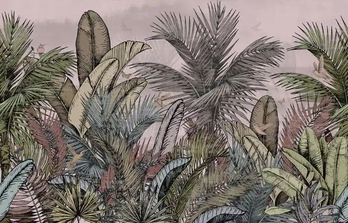 Fototapeta Pattern Wallpaper Jungle Tropical Drawings Of Palms Trees And Birds Of Different Colors With Birds And Pink Background Wysoka jakość