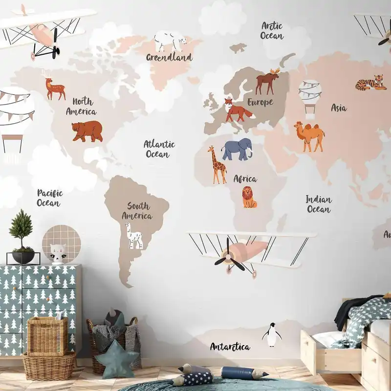 Fototapeta - Mapa świata w beżowych odcieniach do pokoju dziecięcego Bezpieczne zakupy