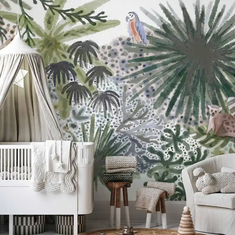 Bestseller Fototapeta - Flora Madagaskaru - krajobraz tropikalny z akwarelowymi zwierzętami
