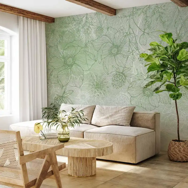 Szybka wysyłka Fototapeta - Kwiecista łąka - natura z polnymi kwiatami lineart na zielonym tle