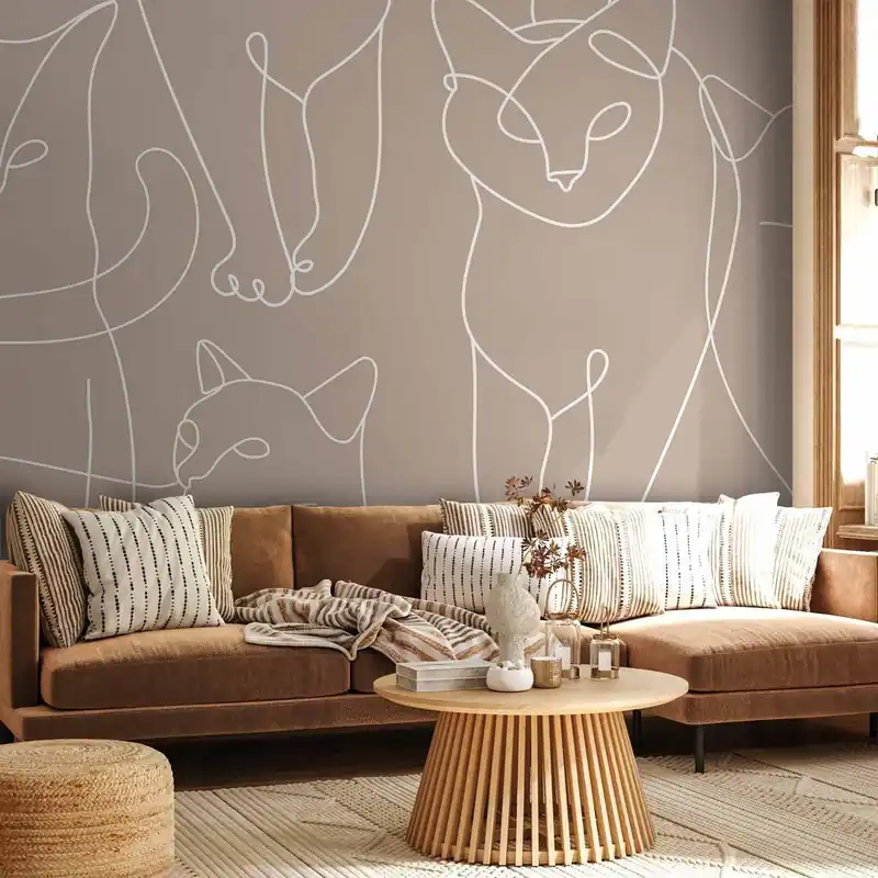 Sprawdź teraz Fototapeta - Koci lineart - minimalistyczne szkice białych kotów na beżowym tle