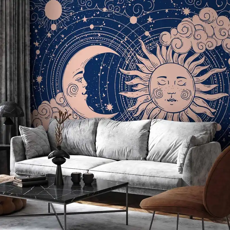 Oferta limitowana Fototapeta - Kosmiczna Harmonia - ilustracja słońca i księżyca na granatowym tle