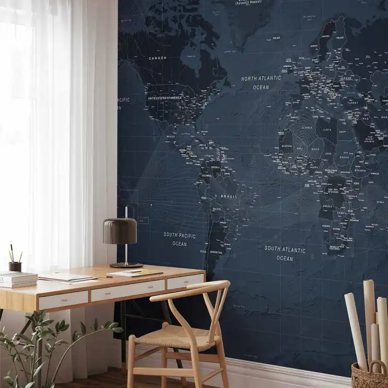 Fototapeta - Mapa świata w kolorze niebieskim - kontynenty z napisami po angielsku Ekspresowa dostawa