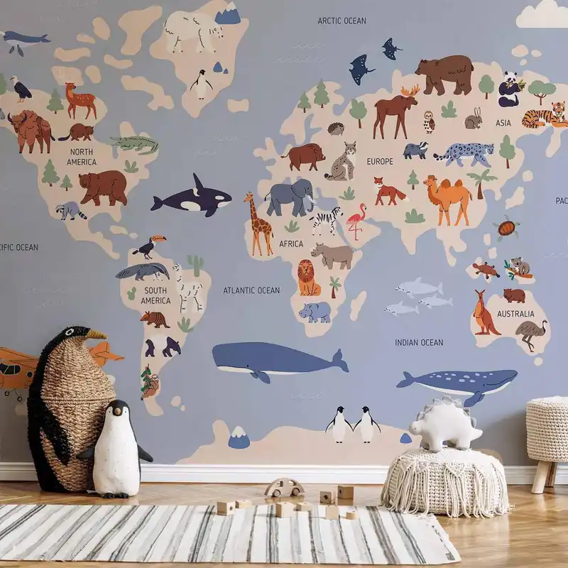 Fototapeta - Mapa świata z ilustracjami zwierząt Szybka dostawa