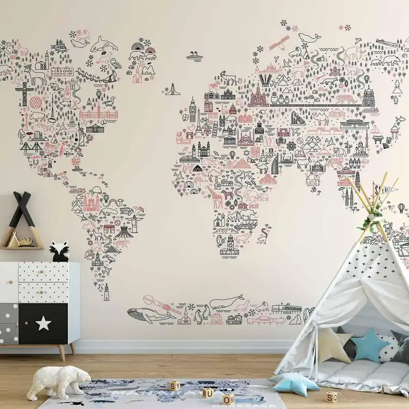 Fototapeta - Mapa z ikon - rysunkowe przedstawienie świata w pastelowych kolorach Dostępne od ręki