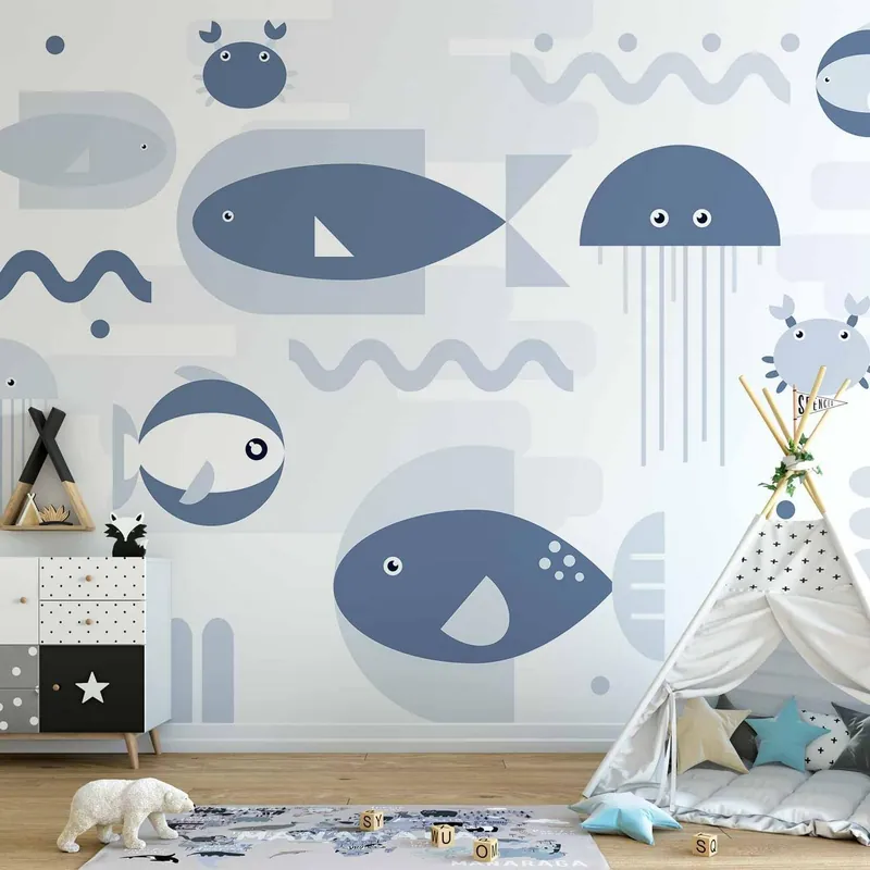 Hit cenowy Fototapeta - Minimalistyczny ocean - geometryczne rybki i kraby w wodzie dla dzieci