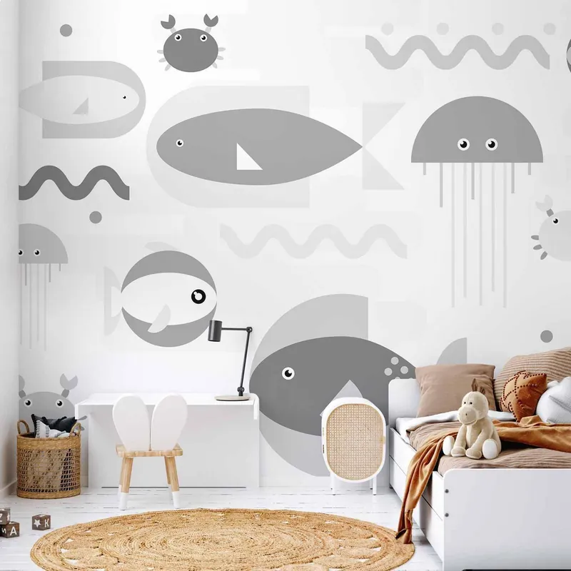 Wysoka jakość Fototapeta - Minimalistyczny szary ocean - geometryczne rybki w wodzie dla dzieci