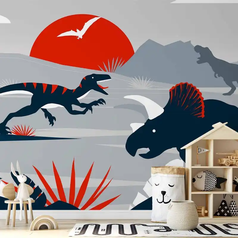 Wybór klientów Fototapeta - Ostatnie dinozaury z czerwienią - abstrakcyjny krajobraz do pokoju