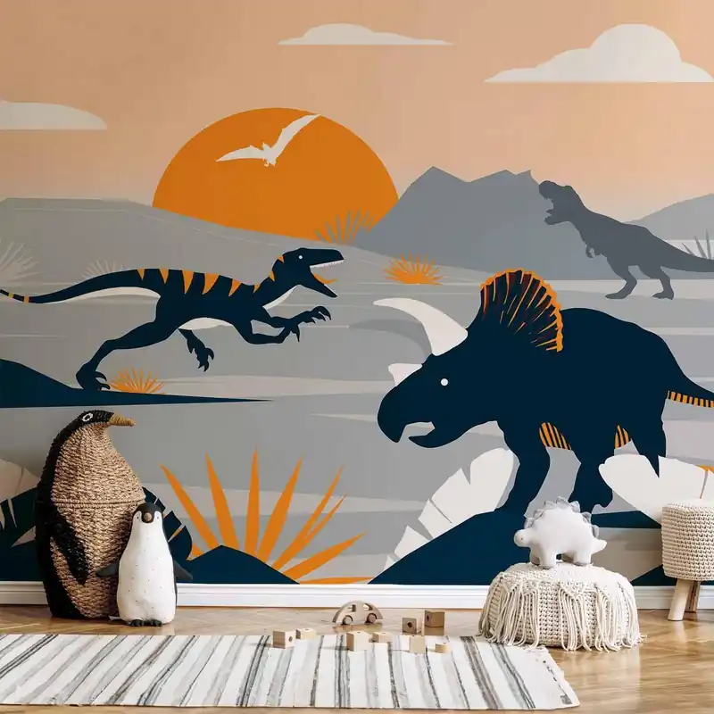 Tylko dziś Fototapeta - Ostatnie dinozaury z pomarańczowym - abstrakcyjny krajobraz do pokoju