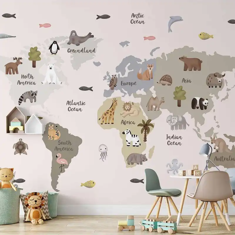 Fototapeta - Pastelowa mapa - zwierzęta i kontynenty do pokoju dziecięcego Najlepsza cena