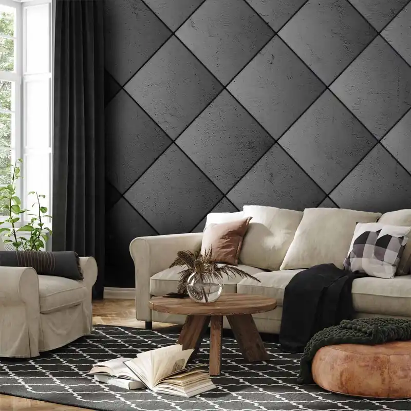 Fototapeta - Szara symetria - geometryczny wzór w deseń z betonu z czarnymi fugami Kup online