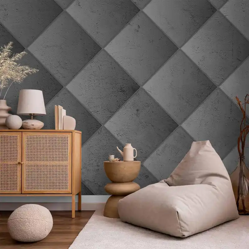 Fototapeta - Szara symetria - geometryczny wzór w deseń z betonu z jasnymi fugami Promocja