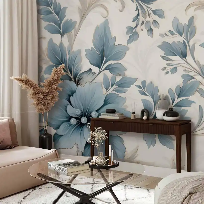 Fototapeta - Turkusowe kwiaty w retro klimacie - florystyczne ornamenty Oferta limitowana