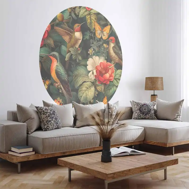 Wyjątkowa oferta Fototapeta okrągła - Kwiaty, ptaki i motyle - ilustracja w stylu vintage