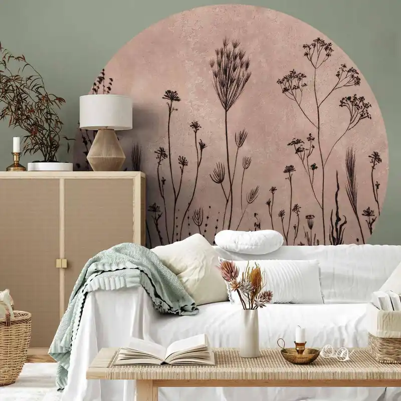 Oferta czasowa Fototapeta okrągła - Polne kwiaty - czarne rośliny na tle w technice lime wash