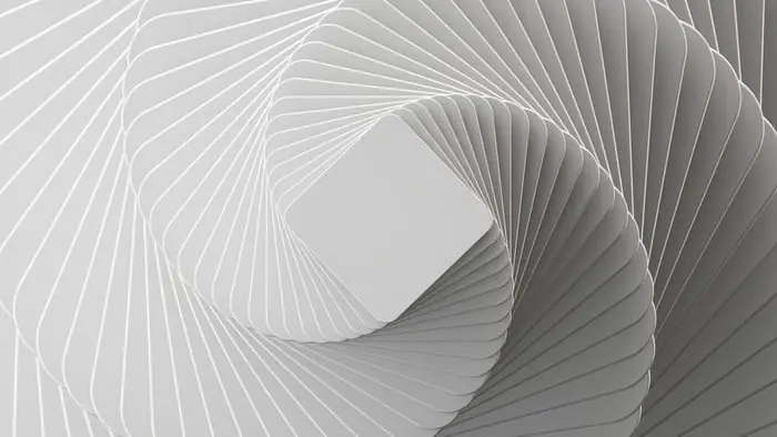 Fototapeta 3D Render, Abstract White Geometric Background, Minimal Flat Lay, Twisted Deck Of Square Blank Cards With Rounded Corners Promocja