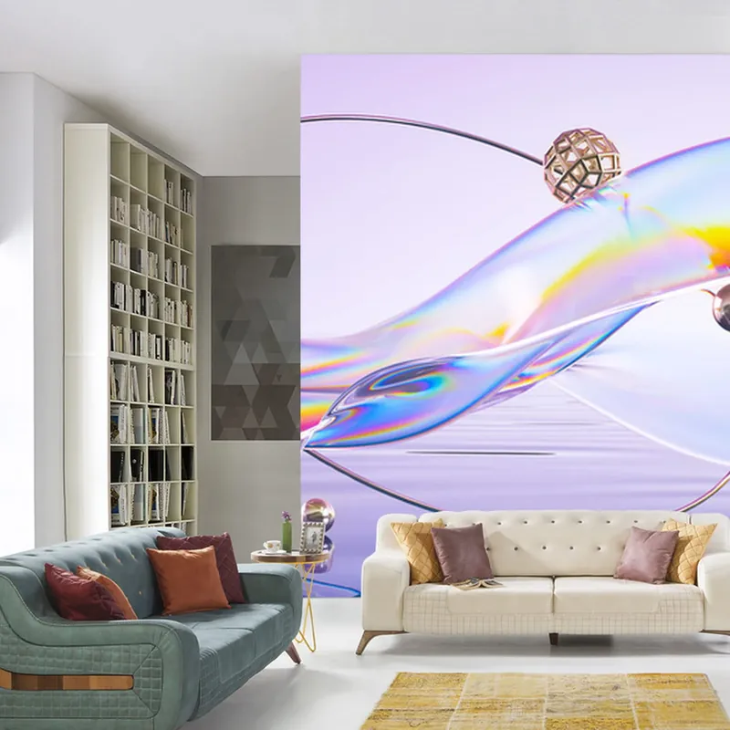Ograniczona ilość Fototapeta Abstract 3D Render. Glass Ribbon On Water With Geometric Circle And Spheres. Holographic Shape In Motion. Iridescent Digital Art For Banner Background, Wallpaper. Transparent Glossy Design Element.