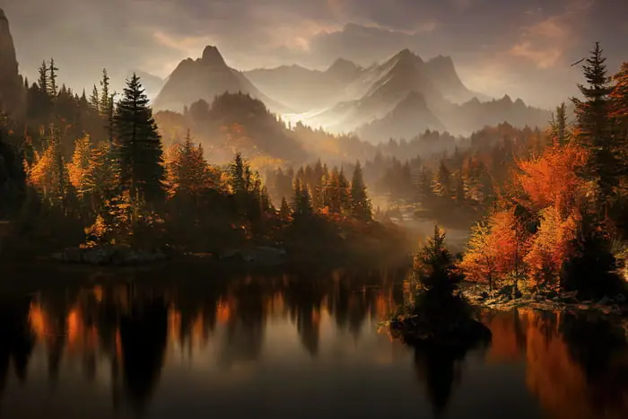 Obniżka ceny Fototapeta Ai Generated Image Of A Beautiful Landscape With Autumn Forest, A Lake And Hills