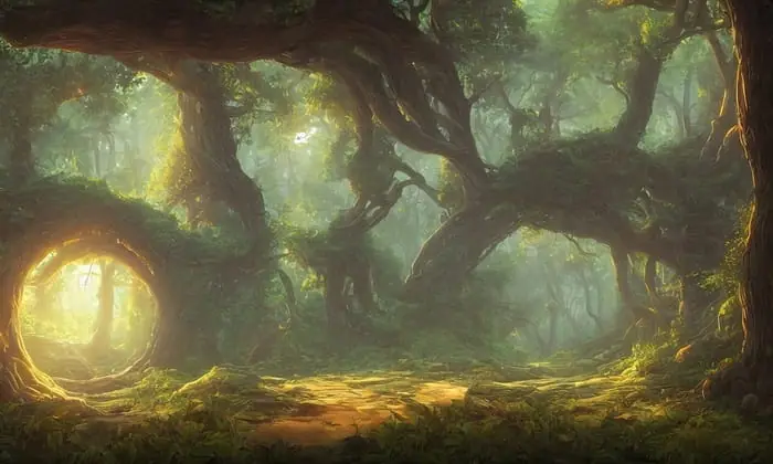 Ostatnie sztuki Fototapeta Amazing Fantastic Curved Forest. Forest Landscape Of Trees In The Rays Of The Sun. 3D