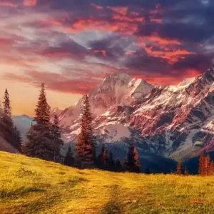 Darmowy zwrot Fototapeta Awesome Alpine Highlands In Sunny Day. Scenic Image Of Fairy-Tale Landscape With Colorful Sky Under Sunlit, Over The Majestic Rock Mountains. Wild Area. Megical Natural Background. Creative Image