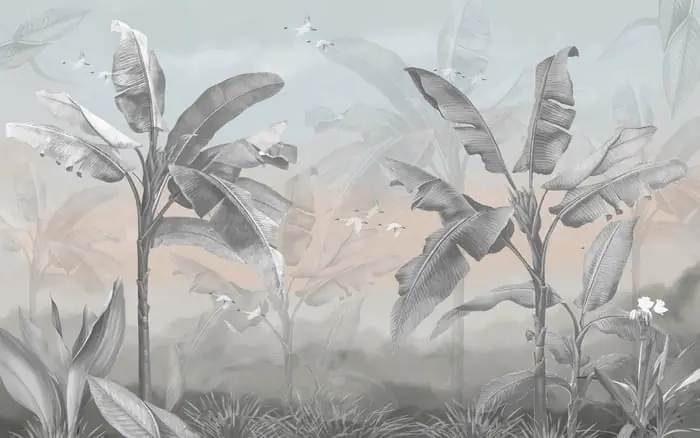 Nowość Fototapeta Banana Tree Wallpaper Design With Pastel Tones, Tropical Landscape, Mural Art.