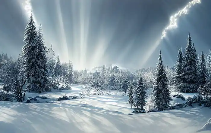 Sprawdź teraz Fototapeta Beautiful Winter Landscape. Majestic White Spruces Glowing By Sunlight. Picturesque And Gorgeous Wintry Scene.