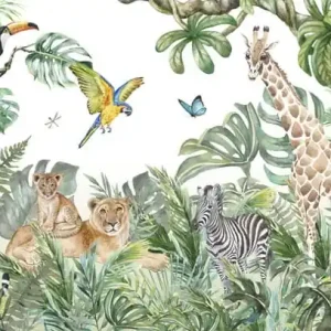 Bezpieczne zakupy Fototapeta Children's Wallpaper, Watercolor Jungle And Animals. Lions, Giraffe, Elephant, Parrots, Zebra, Lemur