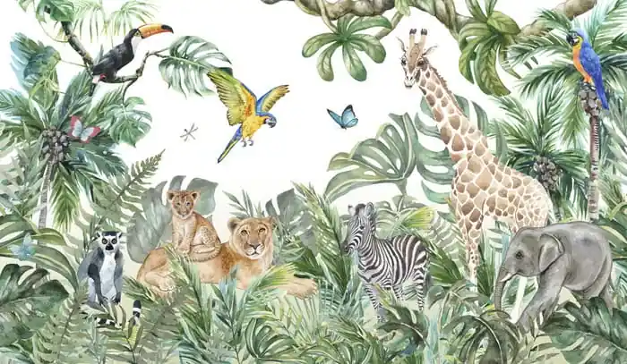 Bezpieczne zakupy Fototapeta Children's Wallpaper, Watercolor Jungle And Animals. Lions, Giraffe, Elephant, Parrots, Zebra, Lemur
