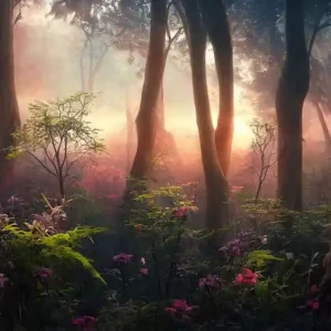 Wysoka jakość Fototapeta Colorful Sunset Forest Scenery With Beautiful Trees And Plants, Natural Green Environment With Amazing Nature