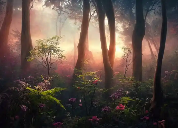 Wysoka jakość Fototapeta Colorful Sunset Forest Scenery With Beautiful Trees And Plants, Natural Green Environment With Amazing Nature