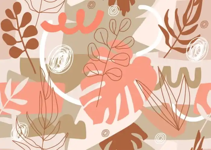 Fototapeta Contemporary Collage Seamless Pattern. Terracotta Abstract Shapes, Tropical Leaves And Continuous Line Of Leaf. Texture For Textile, Packaging, Wrapping Paper, Social Media Post Etc. Zamów teraz