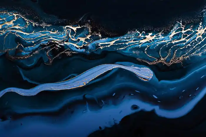Fototapeta Fluid Art. Liquid Metallic Gold In Abstract Blue Wave. Marble Effect Background Or Texture Łatwy zwrot