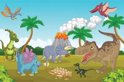 Kup online Fototapeta Kolorowe Dinozaury I Wulkan