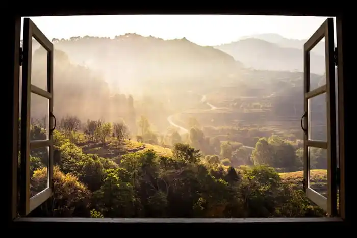 Najlepsza cena Fototapeta Landscape Nature View Background. View From Window At A Wonderful Landscape Nature View With Rice Terraces And Space For Your Text In Chiangmai, Thailand