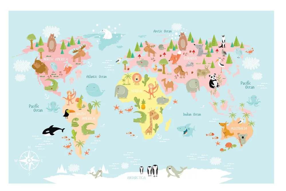 Kup teraz Fototapeta Mapa Świata Ze Zwierzętami