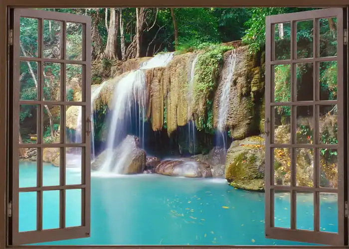 Hit cenowy Fototapeta Open Window View To Deep Jungle Waterfall