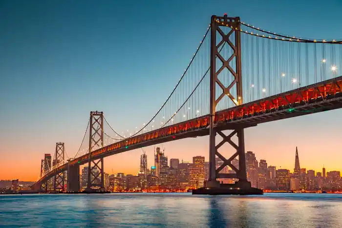 Fototapeta San Francisco Skyline With Oakland Bay Bridge At Sunset, California, Usa Łatwy zwrot