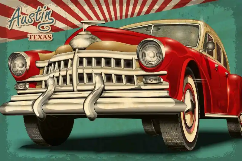 Nie przegap Fototapeta na flizelinie MS-5-2164 Plakat retro Austin 375 x 250 cm