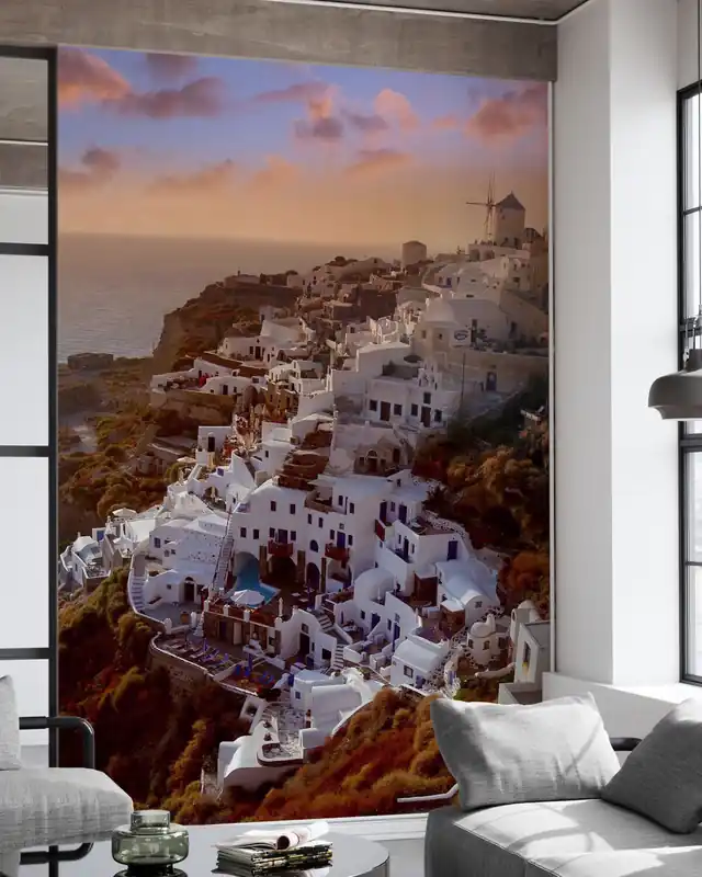 Santorini o zachodzie słońca Taniej